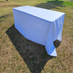 white 6ft table linen setup 6ft Rectangular Table Linen – White (Floor Length)