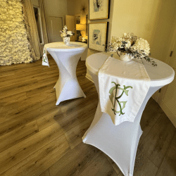 white cocktail table cover setup 1778712639 32” Cocktail Table Linen – White
