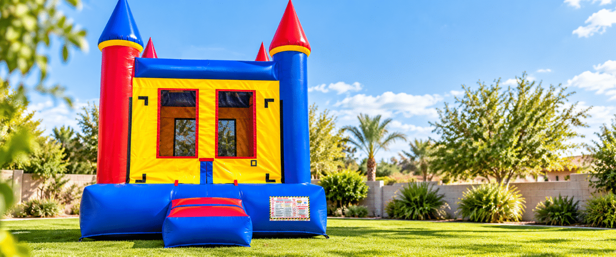 Colorful bounce house rental on a lawn in Phoenix Arizona