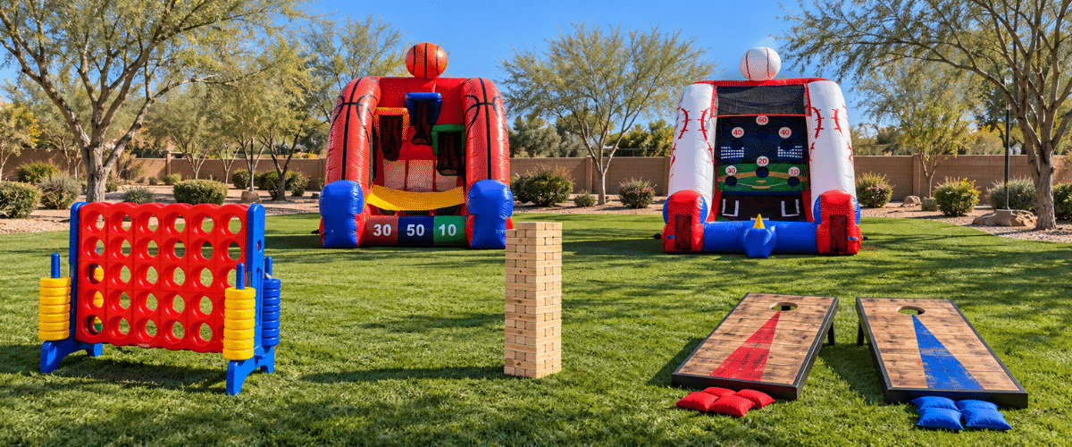 Outdoor game rentals with Connect Four Jenga cornhole and inflatable games in Phoenix Arizona