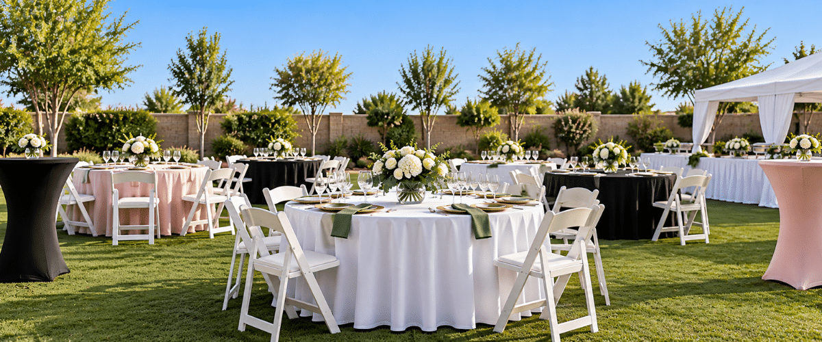 Outdoor table and chair rentals with round tables and white chairs in Phoenix Arizona