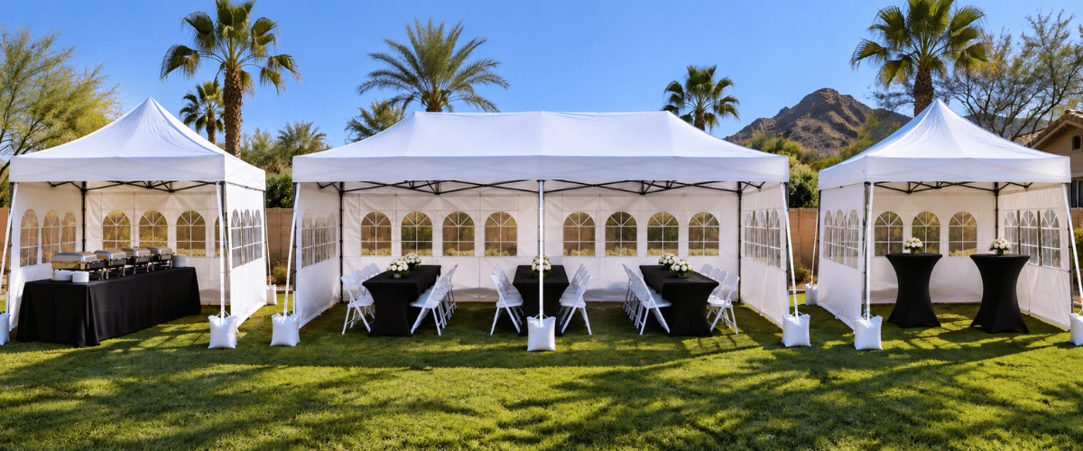 White event tent rentals with tables and chairs in Phoenix Arizona